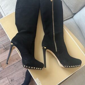 Michael Kors Ailee Black Heeled Boots with Gold Accents